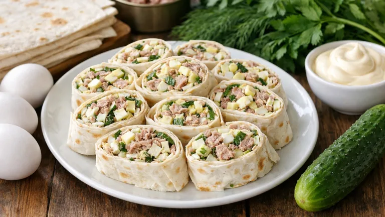 Фото блюда: Рулет из лаваша с тунцом яйцом и свежей зеленью без запекания