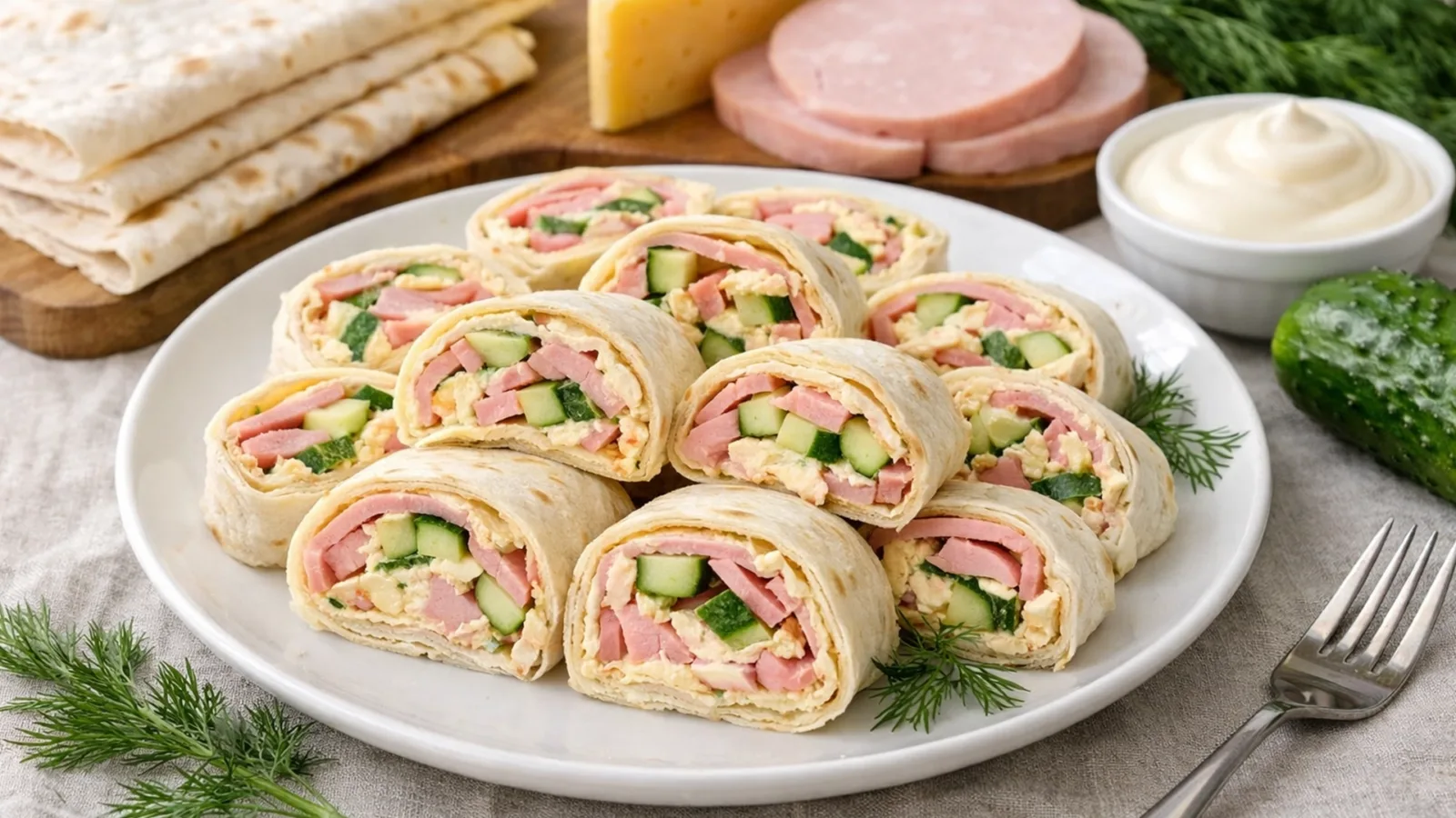 Фото блюда: Рулет из лаваша с ветчиной сыром и свежим огурцом без запекания, рецепт с фото