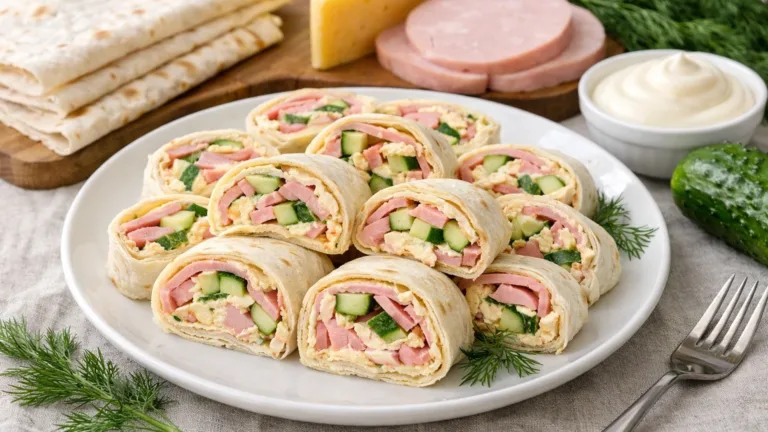 Фото блюда: Рулет из лаваша с ветчиной сыром и свежим огурцом без запекания