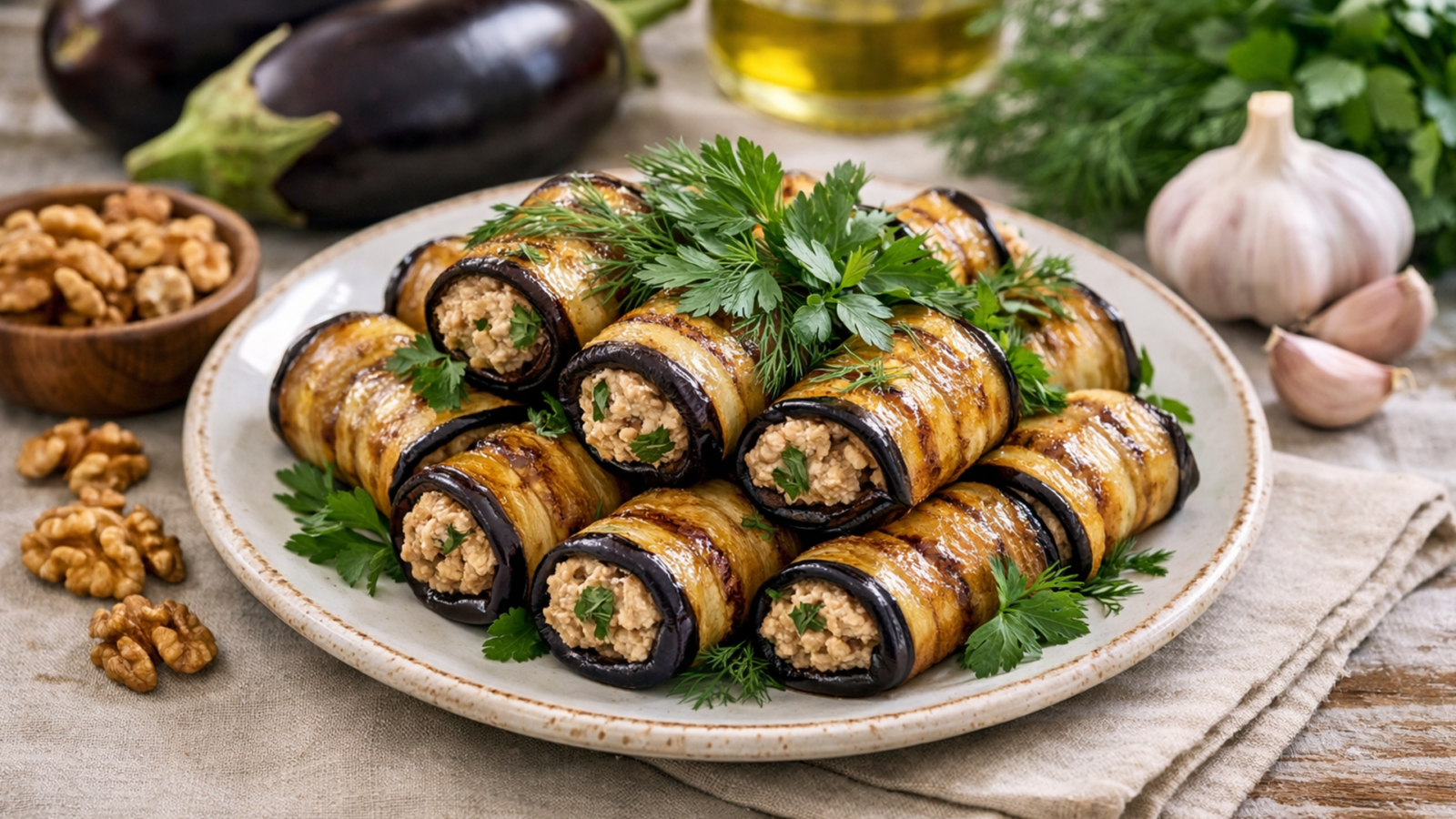 Фото блюда: Рулетики из баклажанов с ореховой пастой и свежей зеленью по грузинскому рецепту, рецепт с фото