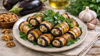 Фото рецепта: Рулетики из баклажанов с ореховой пастой и свежей зеленью по грузинскому рецепту