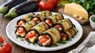 Фото рецепта: Рулетики из баклажанов с помидорами и сыром на сковороде