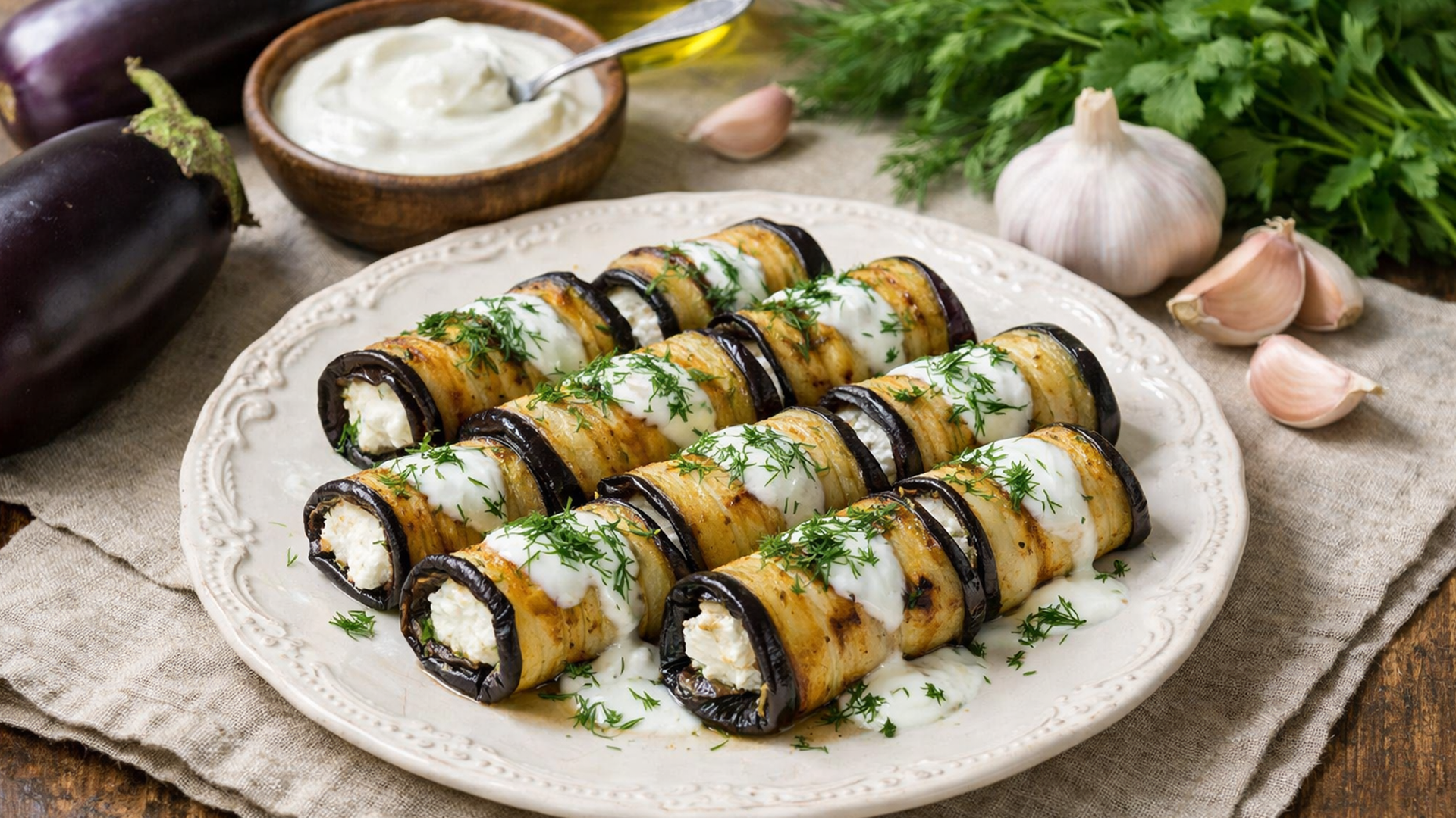 Фото блюда: Рулетики из баклажанов с соусом из йогурта и чеснока на сковороде