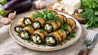 Фото рецепта: Рулетики из баклажанов с сыром фета и свежей зеленью на сковороде