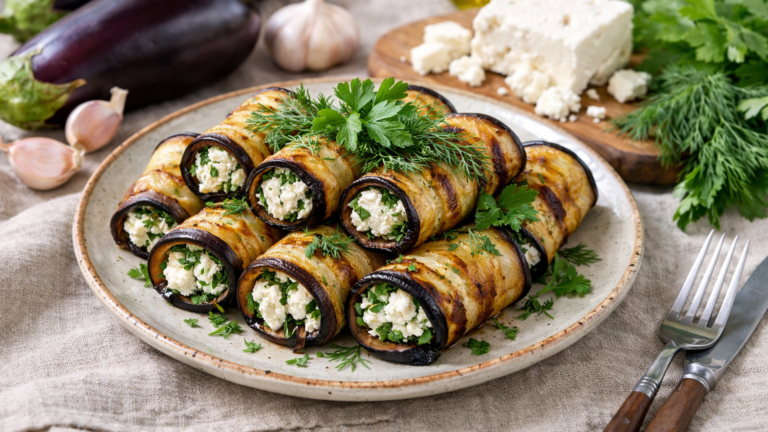 Фото блюда: Рулетики из баклажанов с сыром фета и свежей зеленью на сковороде