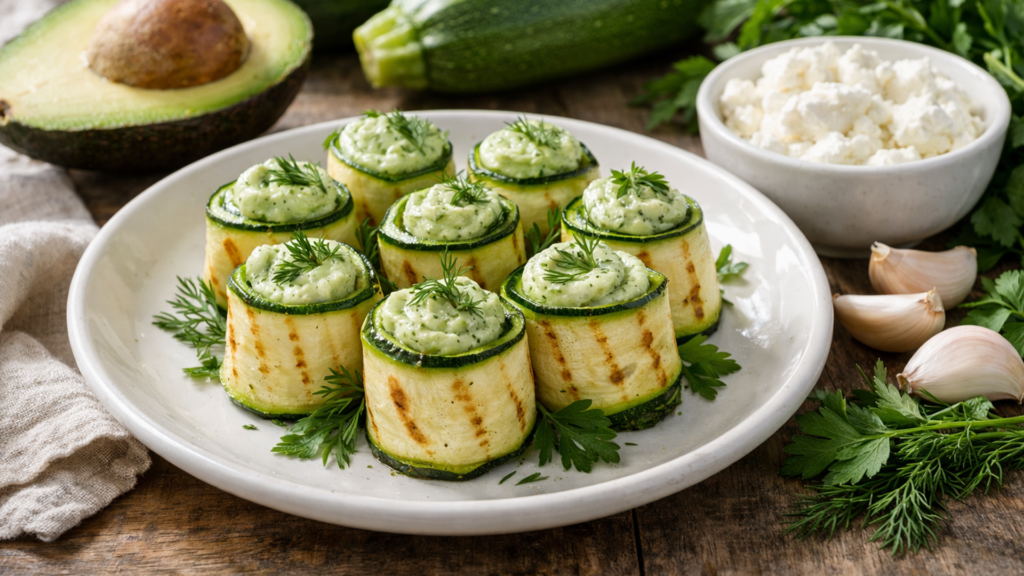 Фото блюда: Рулетики из кабачков с авокадо и творожным сыром свежие без запекания, рецепт с фото