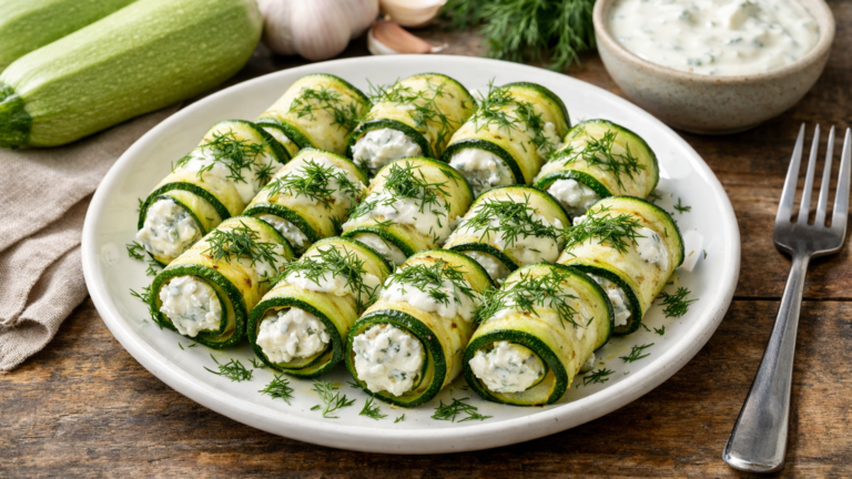 Фото блюда: Рулетики из кабачков с чесночным соусом и укропом на сковороде