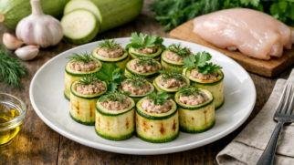 Фото рецепта: Рулетики из кабачков с куриным паштетом и свежей зеленью на сковороде