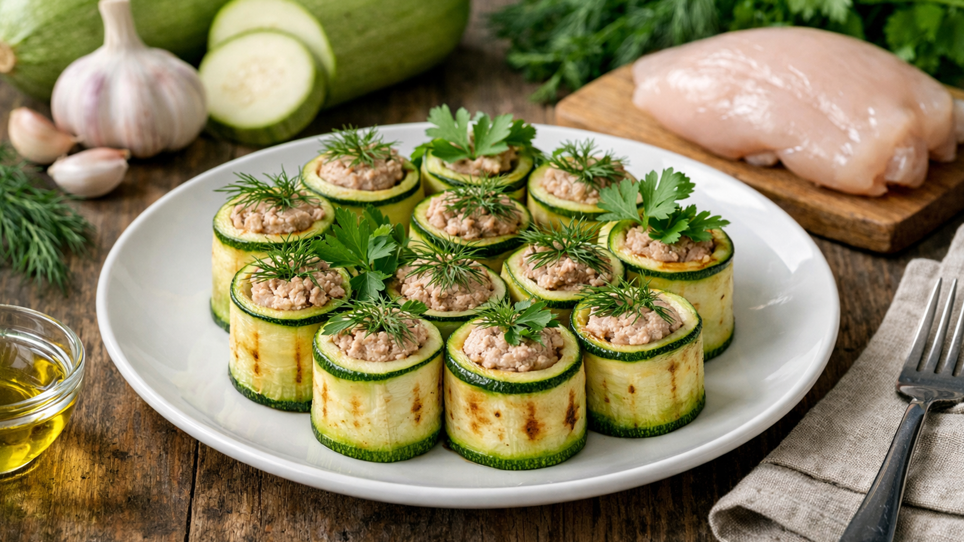 Фото блюда: Рулетики из кабачков с куриным паштетом и свежей зеленью на сковороде