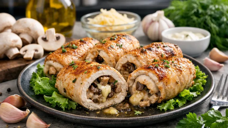 Фото блюда: Сочные рулетики из курицы с грибами и сыром