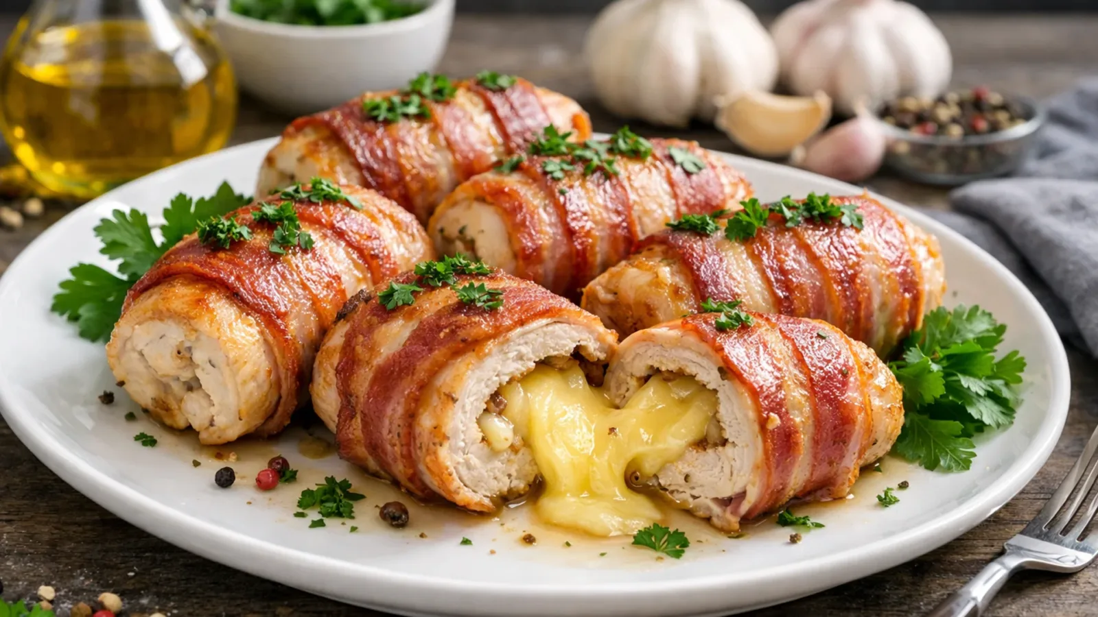 Фото блюда: Сочные рулетики из куриного филе с беконом и сыром, рецепт с фото