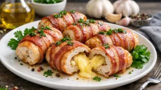 Фото рецепта: Сочные рулетики из куриного филе с беконом и сыром