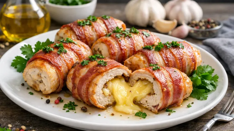 Фото блюда: Сочные рулетики из куриного филе с беконом и сыром