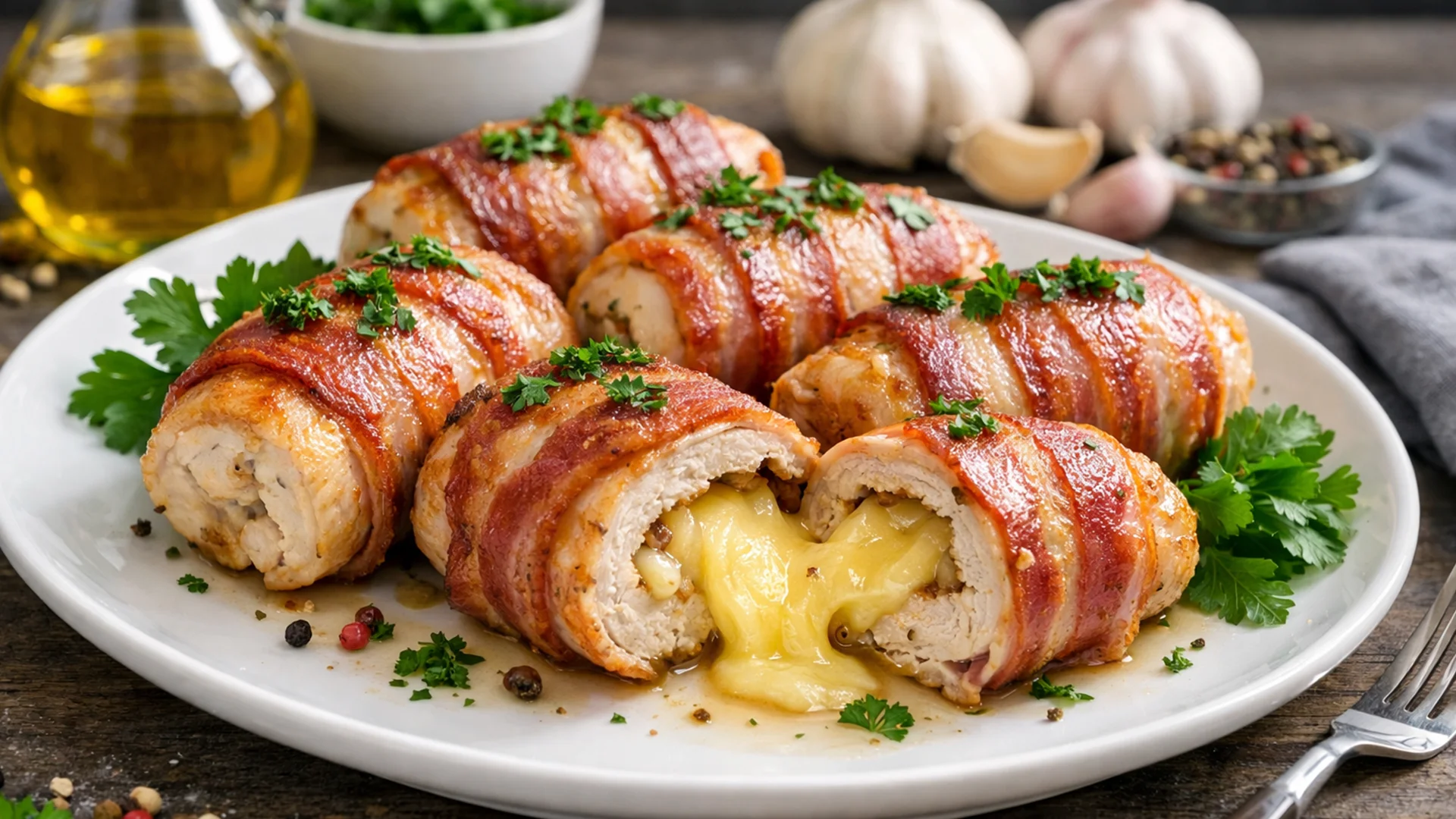 Фото блюда: Сочные рулетики из куриного филе с беконом и сыром