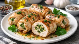 Фото рецепта: Ароматные рулетики из куриного филе с чесноком и зеленью