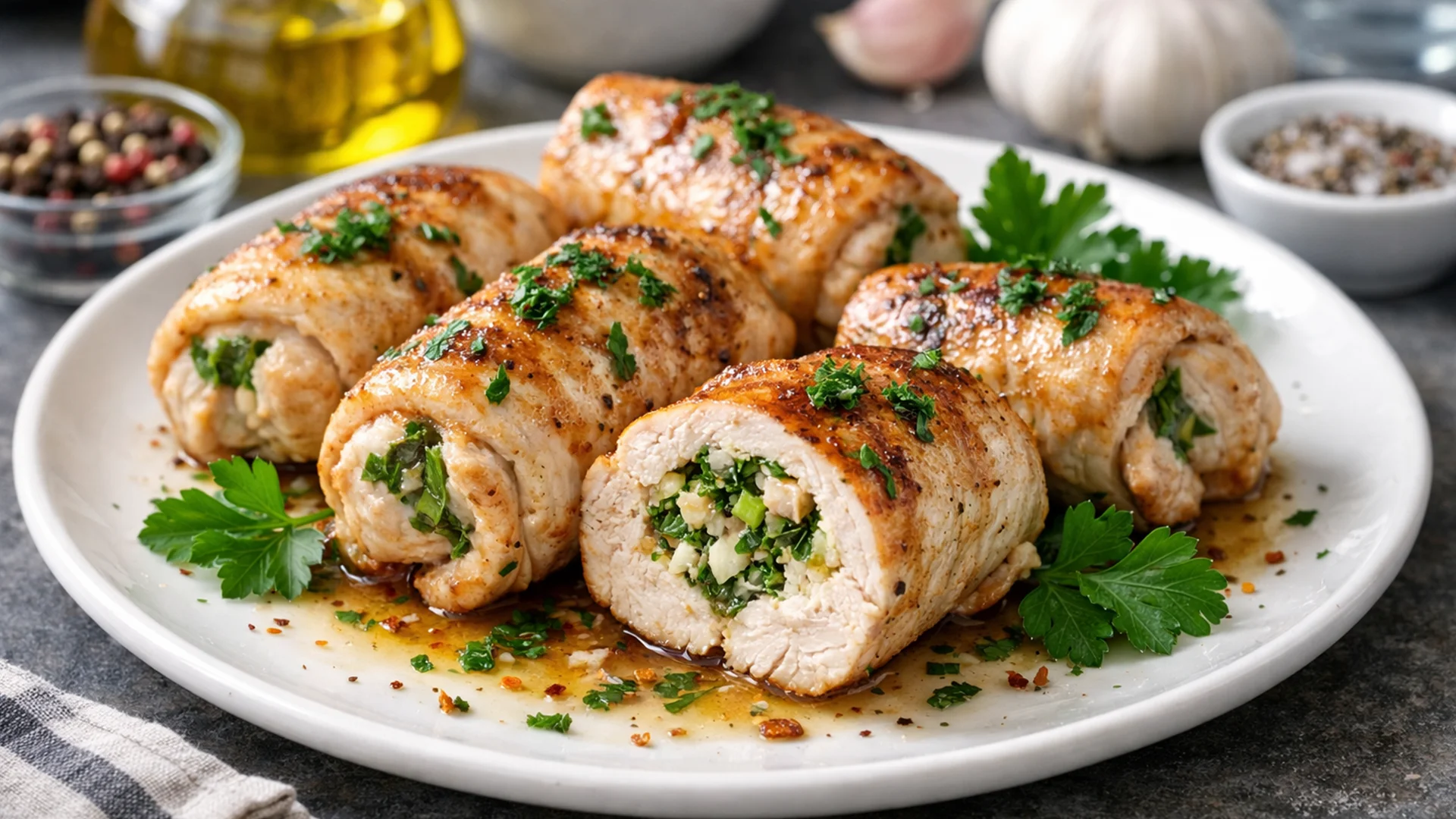 Фото блюда: Ароматные рулетики из куриного филе с чесноком и зеленью