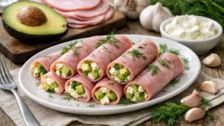 Фото рецепта: Рулетики из ветчины с авокадо и сливочным сыром закусочные