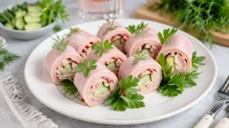 Фото рецепта: Нежные рулетики из ветчины с паштетом и огурцом
