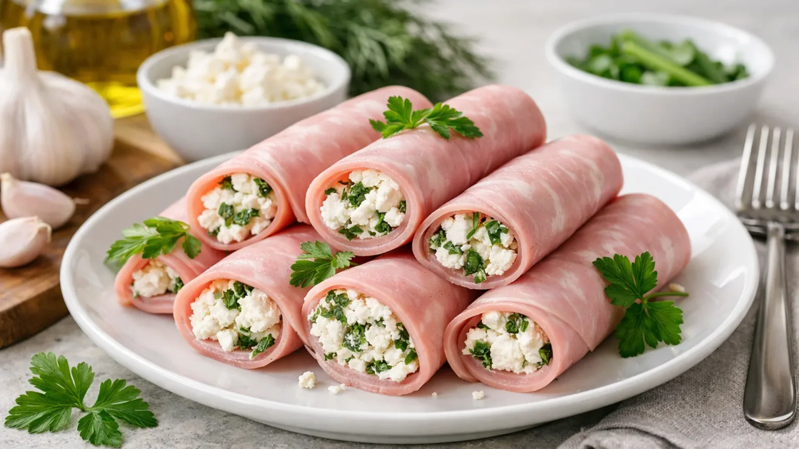 Фото блюда: Свежие рулетики из ветчины с фетой и зеленью, рецепт с фото