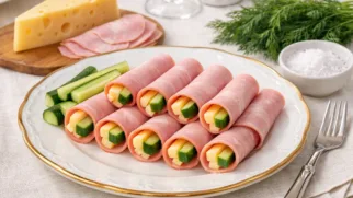 Фото рецепта: Рулетики из ветчины с сыром и огурцом