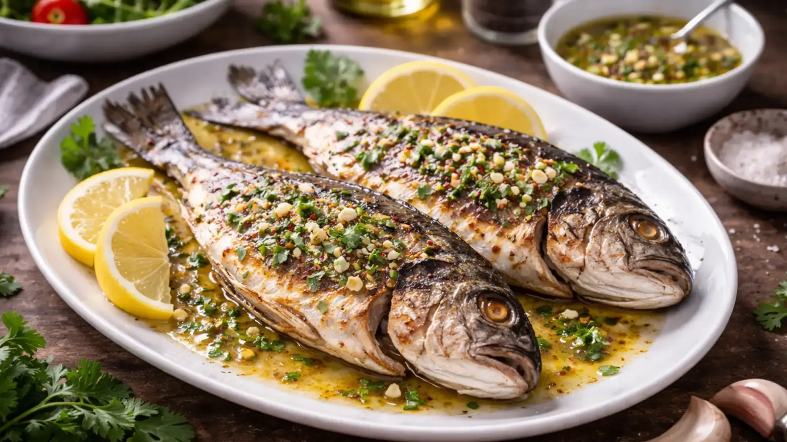 Фото блюда: Рыба на гриле с лимонным соусом сочная с ароматной корочкой, рецепт с фото