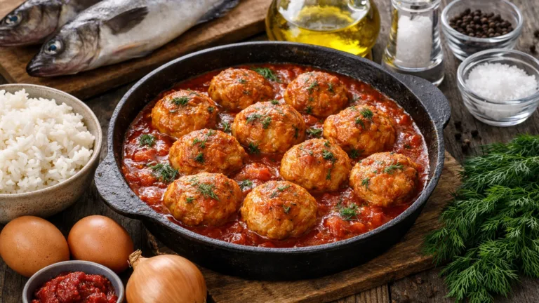 Фото блюда: Рыбные тефтели из минтая в томатном соусе с мягкой текстурой