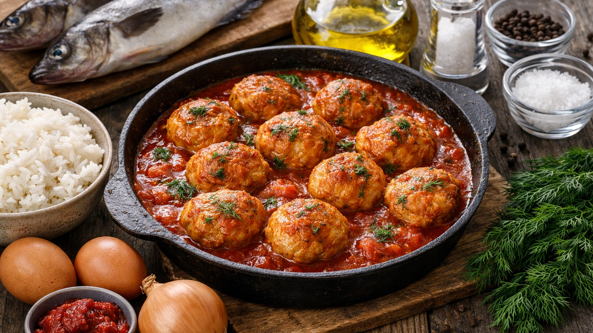 Фото блюда: Рыбные тефтели из минтая в томатном соусе с мягкой текстурой