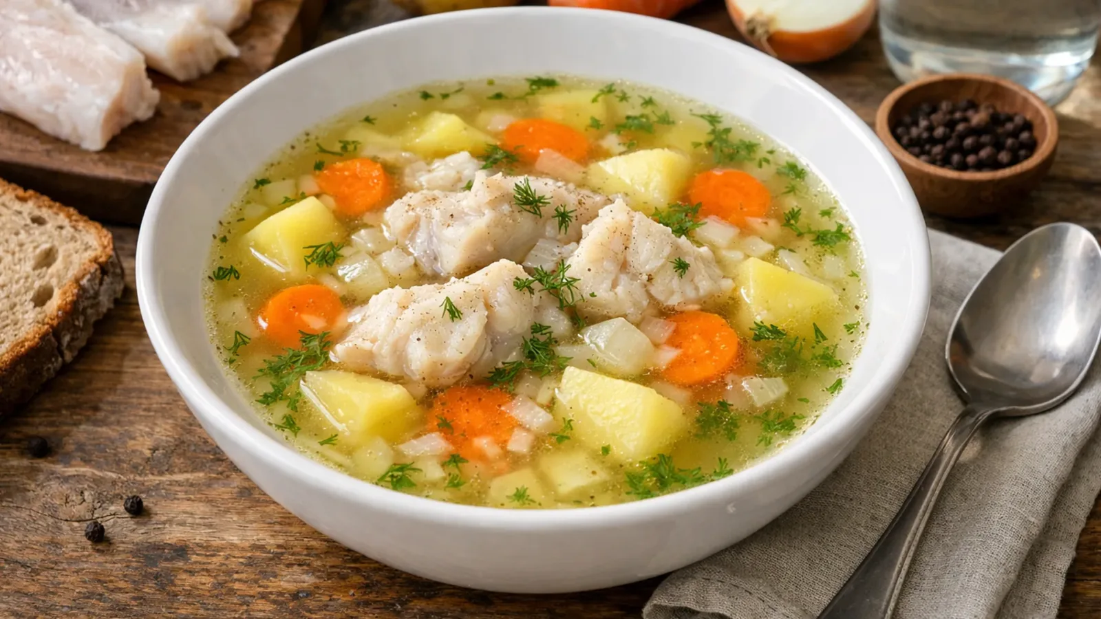 Фото блюда: Рыбный суп из минтая с овощами легкий домашний, рецепт с фото