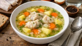 Фото рецепта: Рыбный суп из минтая с овощами легкий домашний