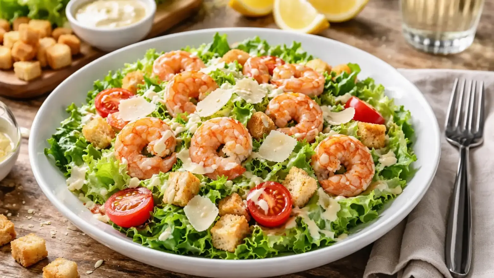 Фото блюда: Салат Цезарь с креветками и пармезаном классический, рецепт с фото