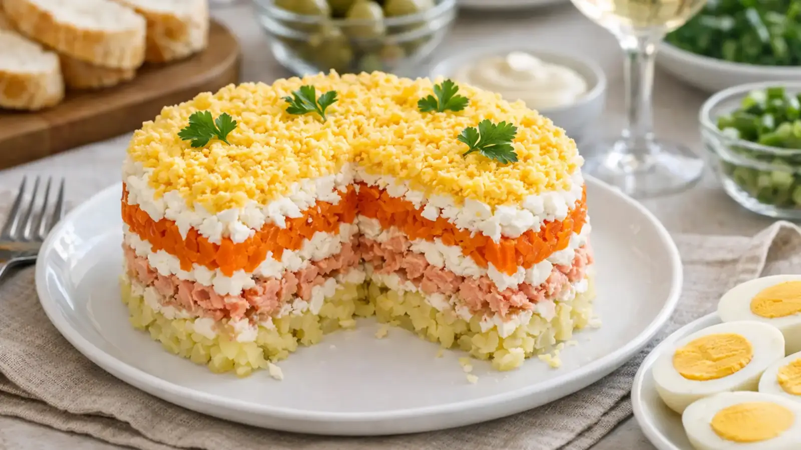 Фото блюда: Салат Мимоза с лососем консервированным классический нежный, рецепт с фото