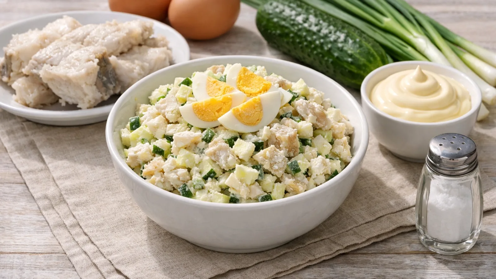 Фото блюда: Салат с минтаем и яйцом с нежной текстурой и свежим огурцом, рецепт с фото