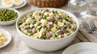 Фото рецепта: Салат Столичный с говядиной и огурцами классический