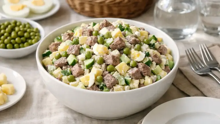 Фото блюда: Салат Столичный с говядиной и огурцами классический