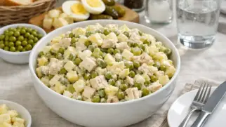 Фото рецепта: Салат Зимний с курицей и картофелем классический домашний