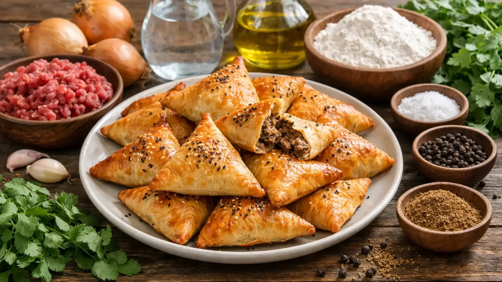 Фото блюда: Самуса пирожки с мясной начинкой и хрустящей корочкой в духовке, рецепт с фото