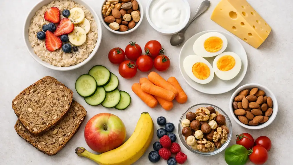 Полезные продукты для школьника на светлом фоне