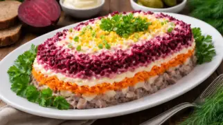 Фото рецепта: Сельдь под шубой с морковью и свеклой