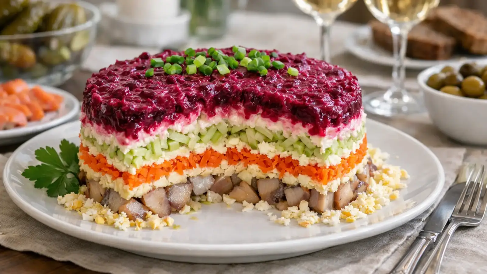 Фото блюда: Сельдь под шубой с зеленым яблоком нежный слоеный салат, рецепт с фото