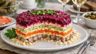 Фото рецепта: Сельдь под шубой с зеленым яблоком нежный слоеный салат