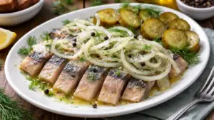 Фото блюда: Сельдь с маринованным луком и солеными огурцами с ярким вкусом