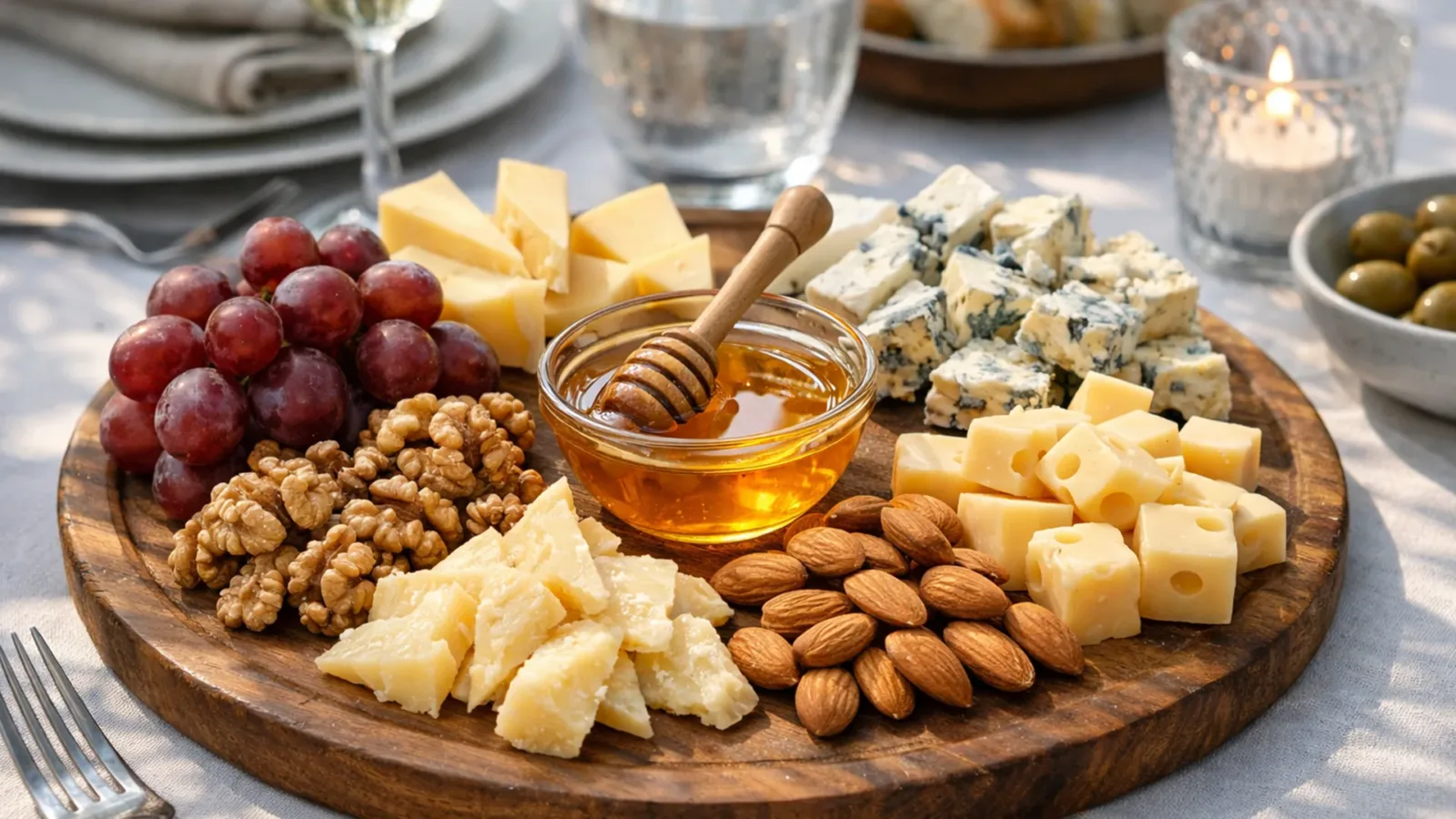 Фото блюда: Сырная тарелка праздничная с орехами и медом для подачи, рецепт с фото
