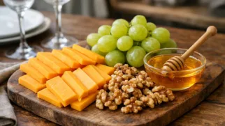Фото рецепта: Сырная тарелка с чеддером виноградом и орехами для закуски