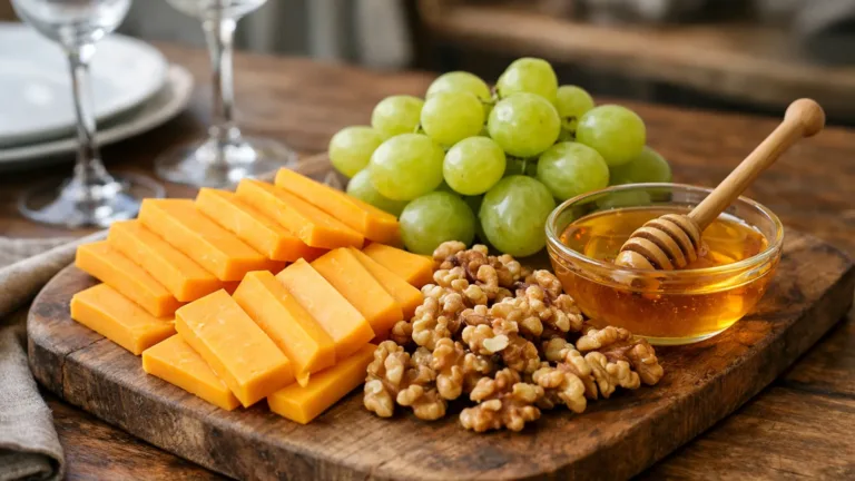 Фото блюда: Сырная тарелка с чеддером виноградом и орехами для закуски