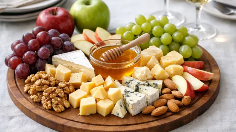 Фото блюда: Сырная тарелка с фруктами орехами и медом для легкой закуски