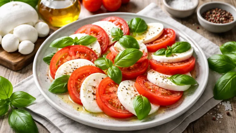 Фото блюда: Сырная тарелка с моцареллой томатами и базиликом в свежей подаче