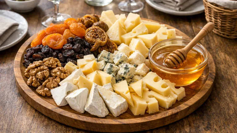 Фото блюда: Сырная тарелка с сырами ассорти и сухофруктами для закуски