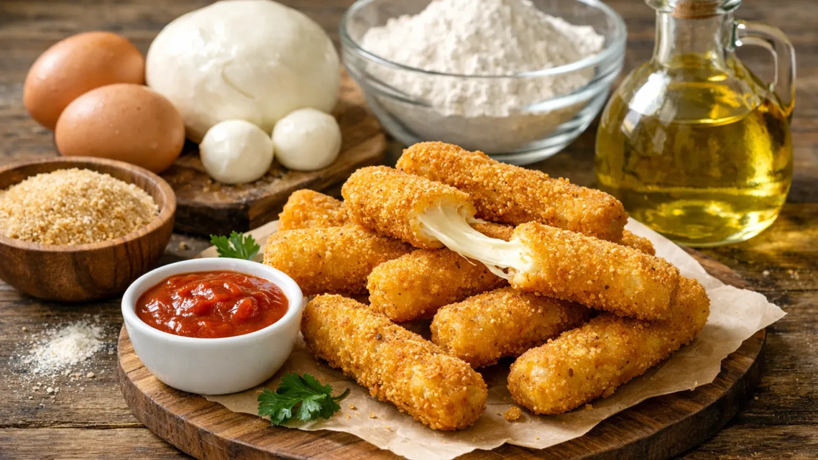 Фото блюда: Сырные палочки из моцареллы в панировке с хрустящей корочкой, рецепт с фото