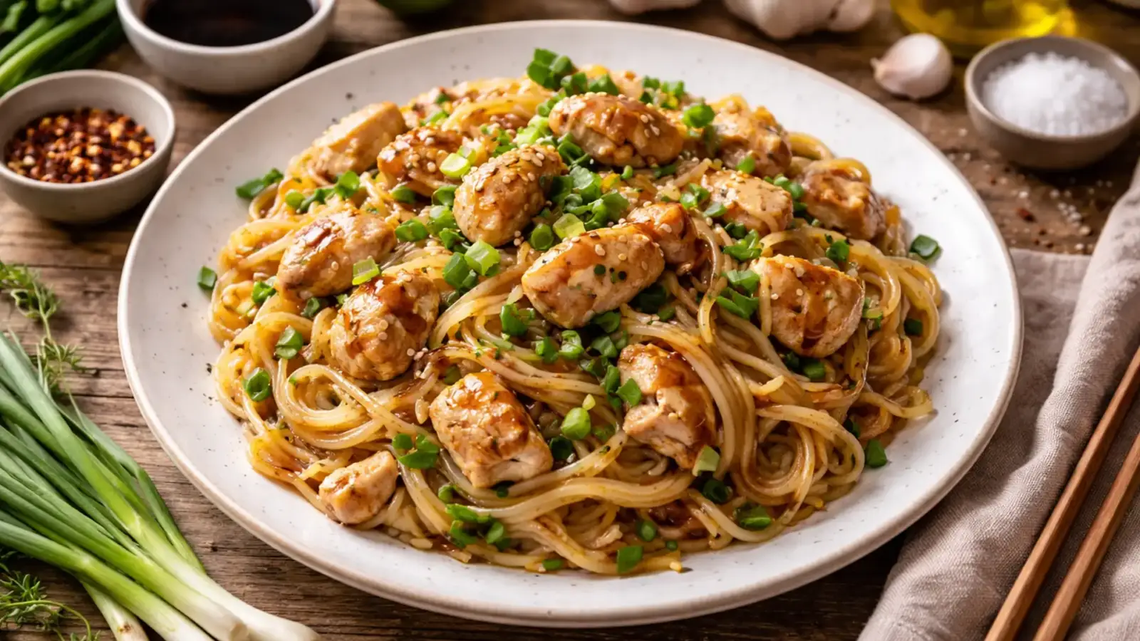 Фото блюда: Шанская лапша с курицей и чесноком ароматная мьянманская, рецепт с фото