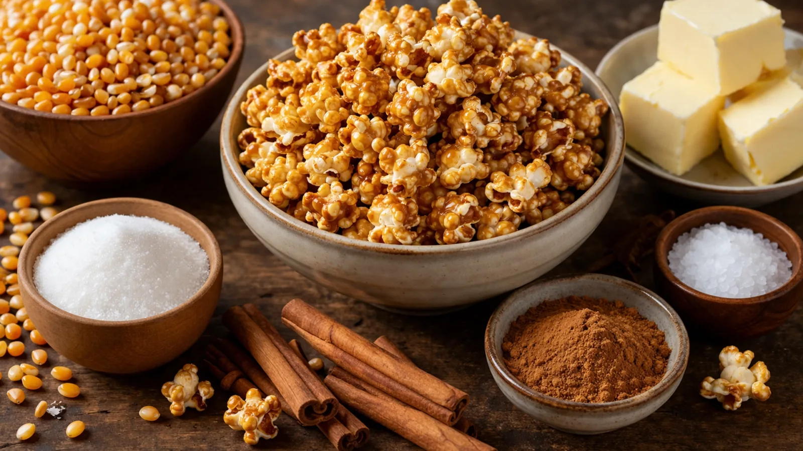 Фото блюда: Сладкий попкорн с карамелью и ароматной корицей на сковороде, рецепт с фото